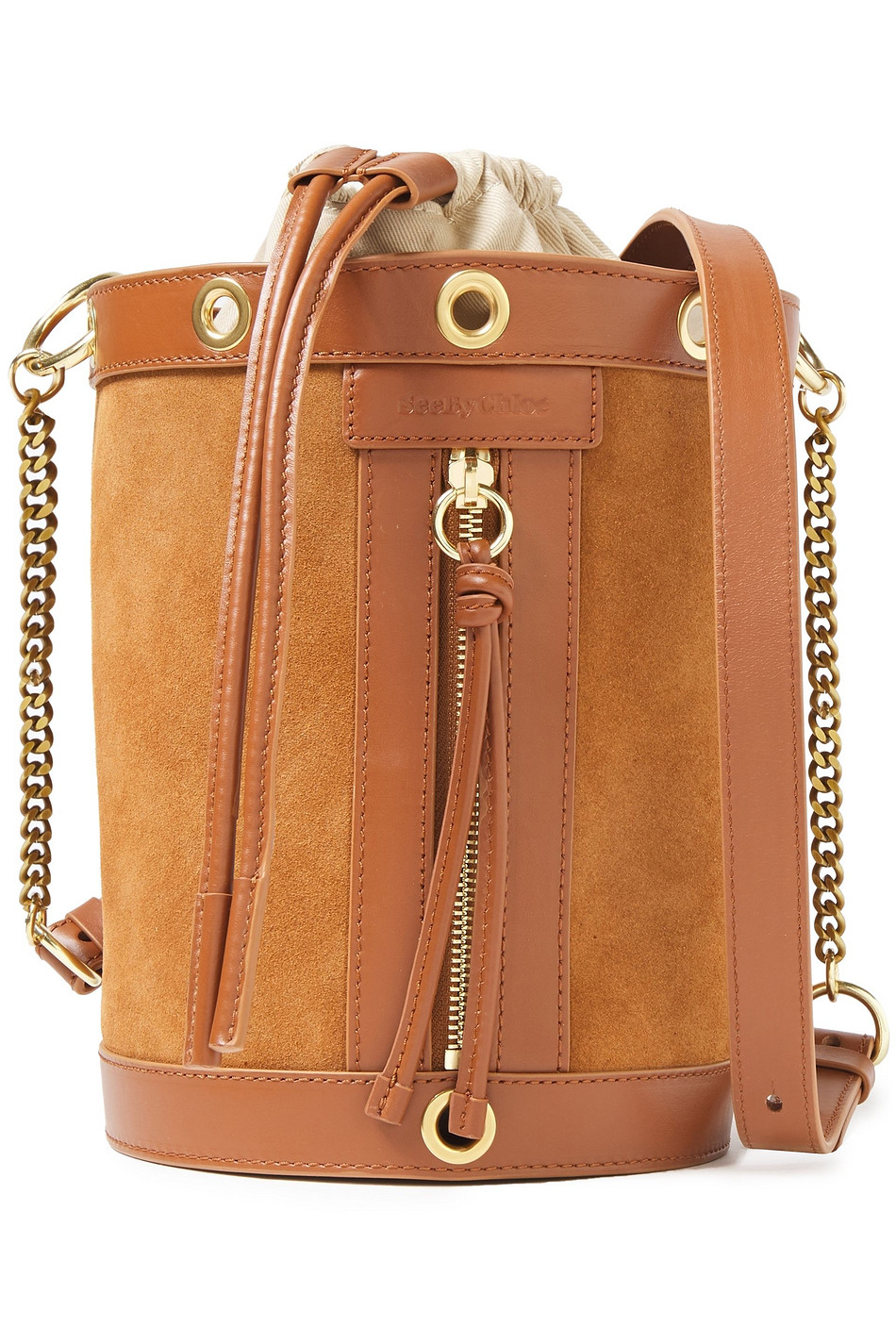 SEE BY CHLOÉ Debbie eyelet-embellished suede and leather bucket bag