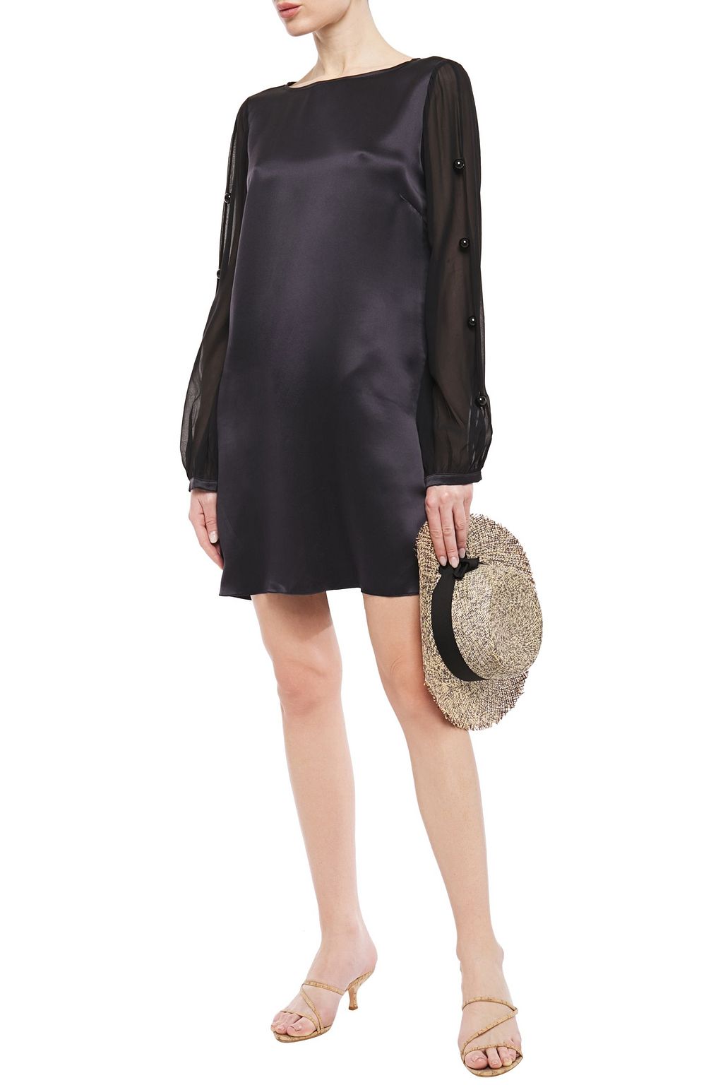 ADRIANA DEGREAS Button-embellished silk-satin and chiffon mini dress