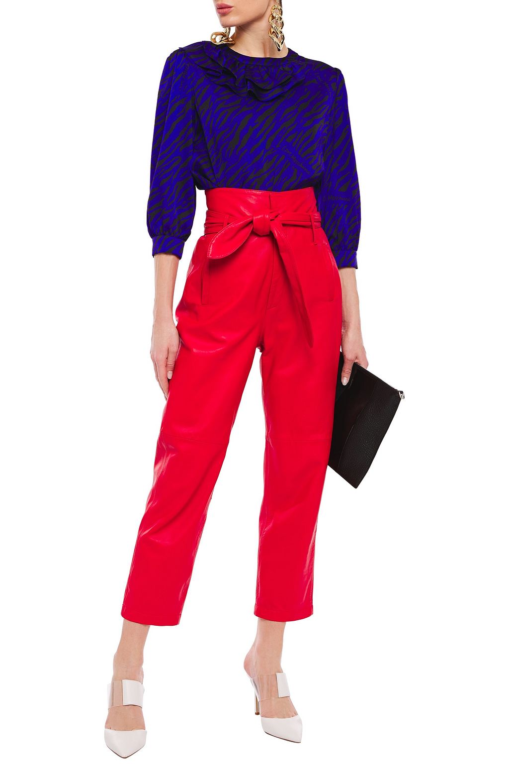 LOVE MOSCHINO Ruffled zebra-print hammered-satin blouse