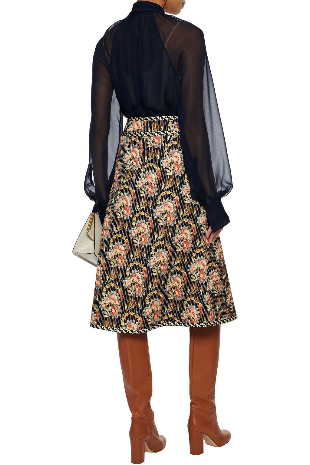 OSCAR DE LA RENTA Flared quilted printed silk-twill midi skirt