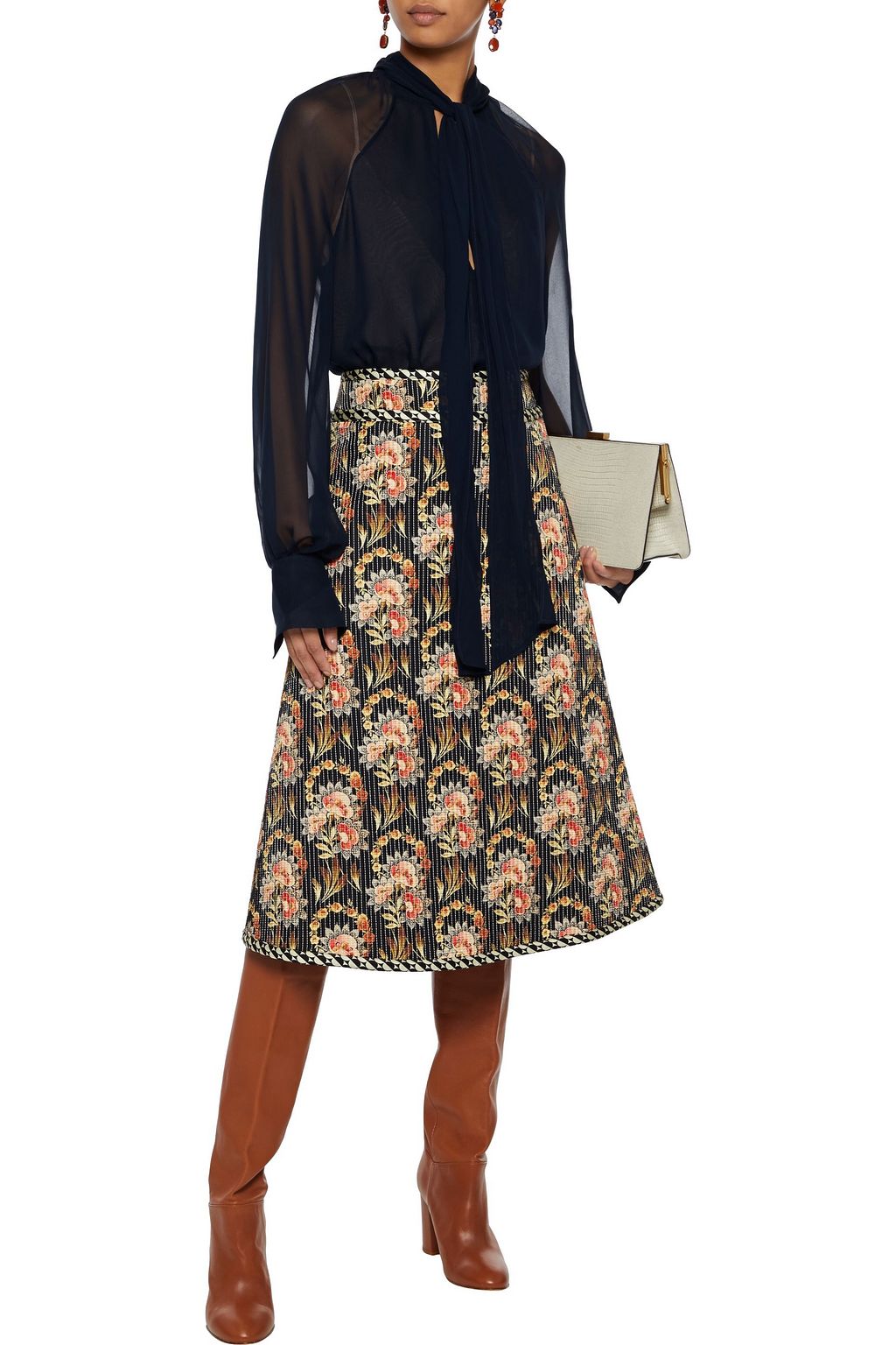 OSCAR DE LA RENTA Flared quilted printed silk-twill midi skirt