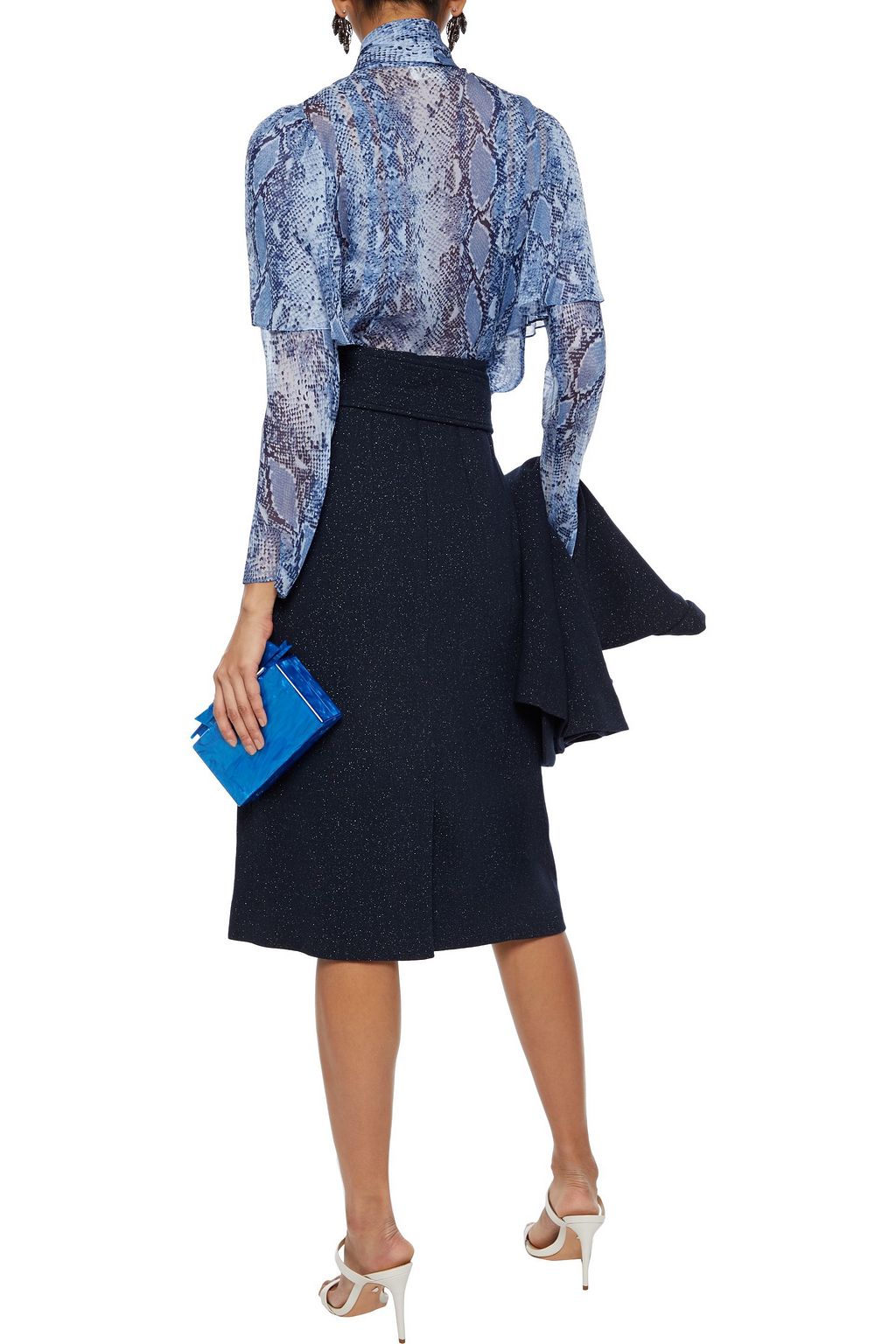 OSCAR DE LA RENTA Belted metallic wool-blend crepe skirt
