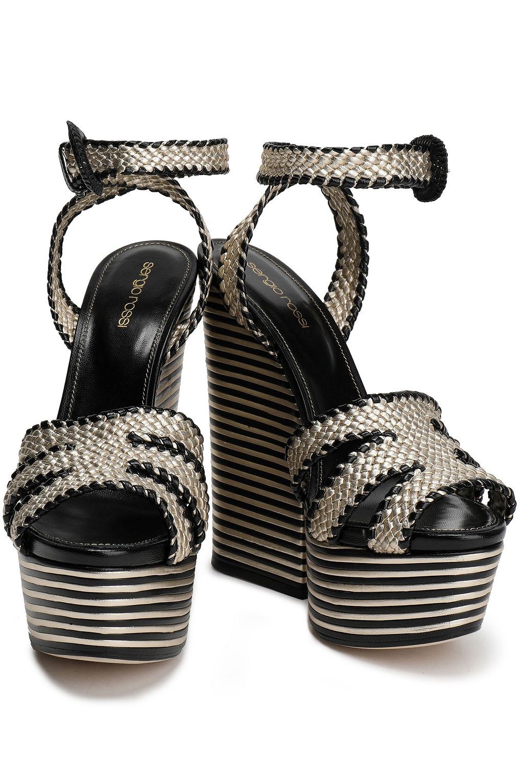 SERGIO ROSSI Metallic woven leather platform sandals