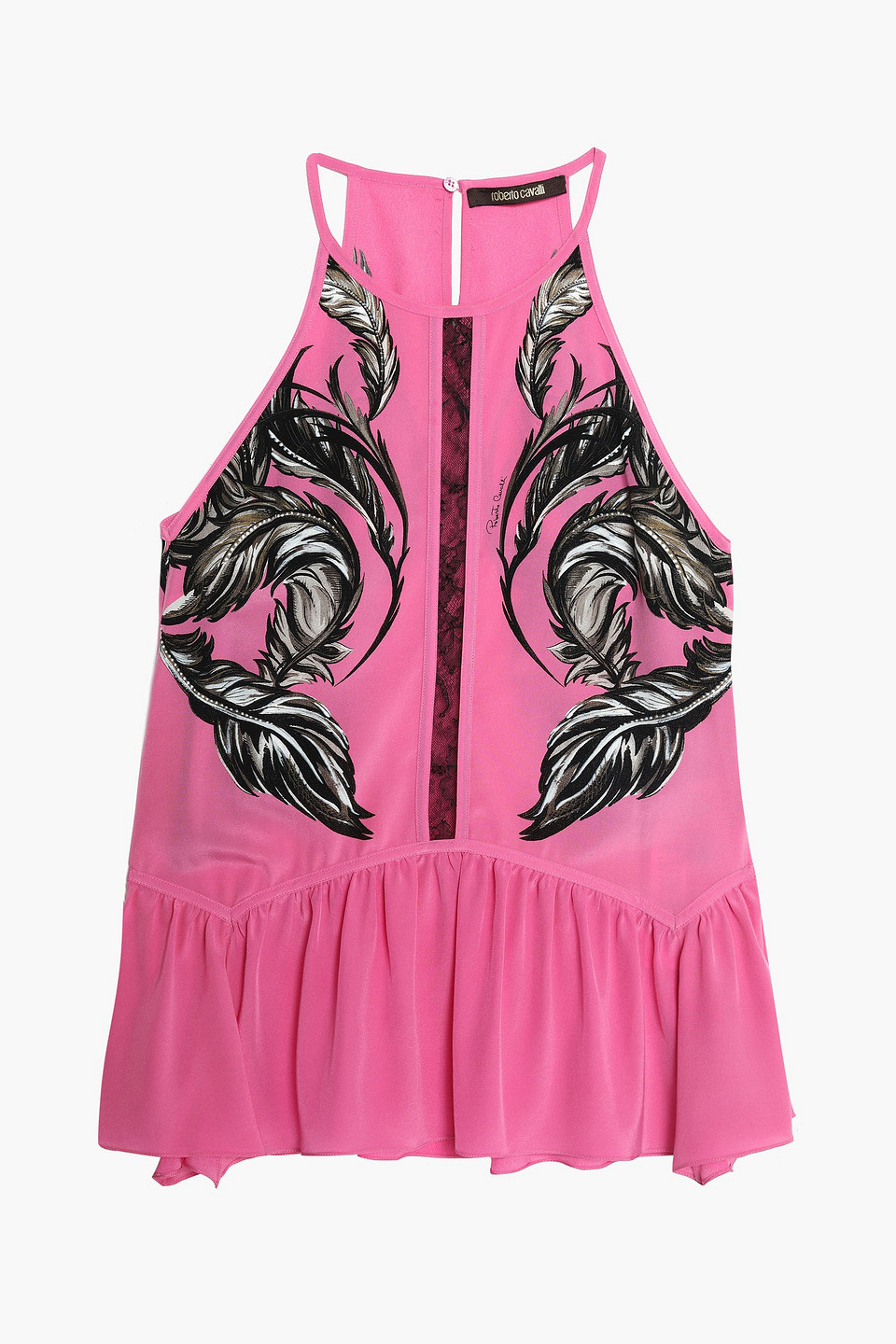 roberto cavalli - ruffled lace-trimmed printed silk-georgette camisole - pink - it 44