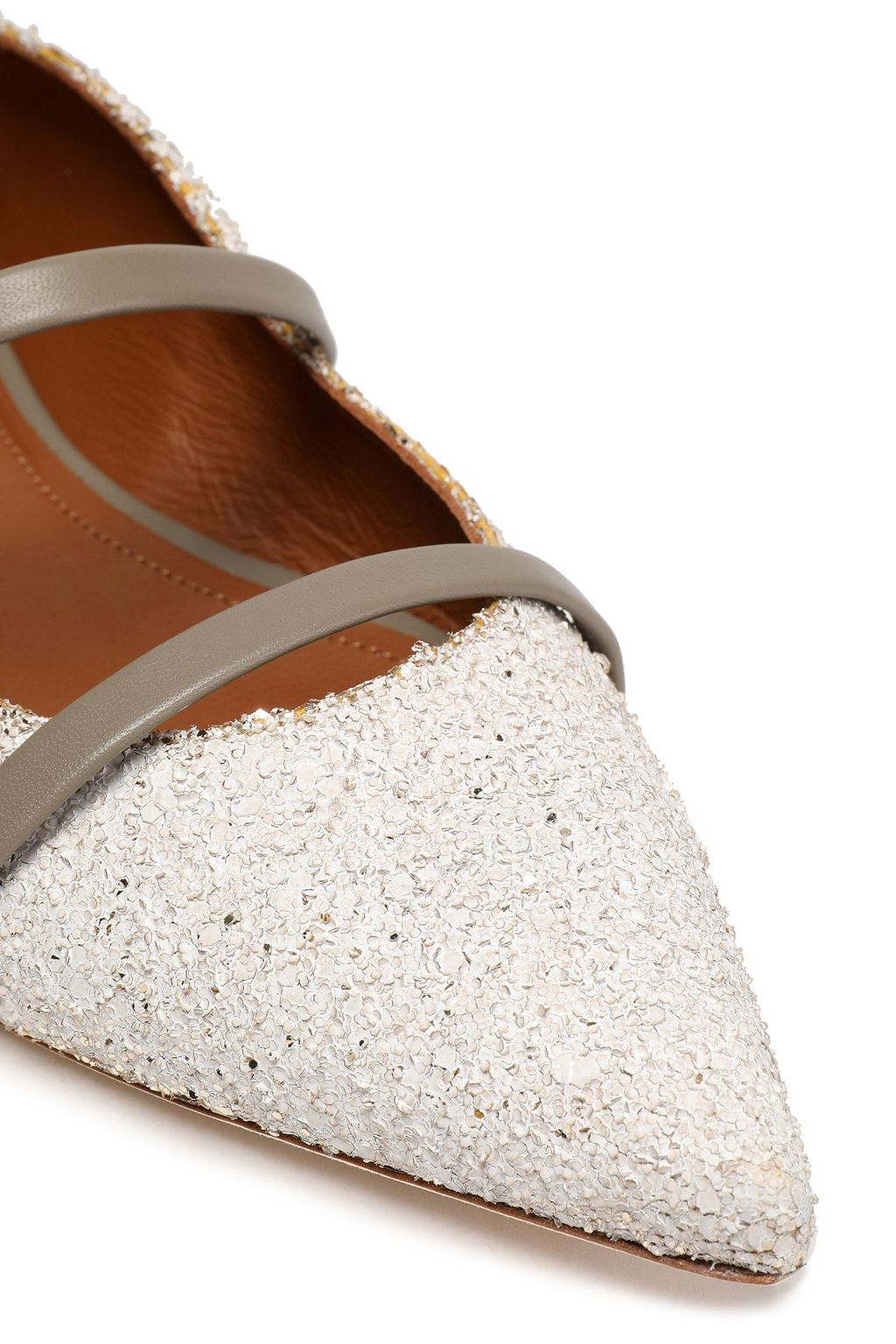 MALONE SOULIERS Smooth leather-trimmed glittered leather point-toe flats