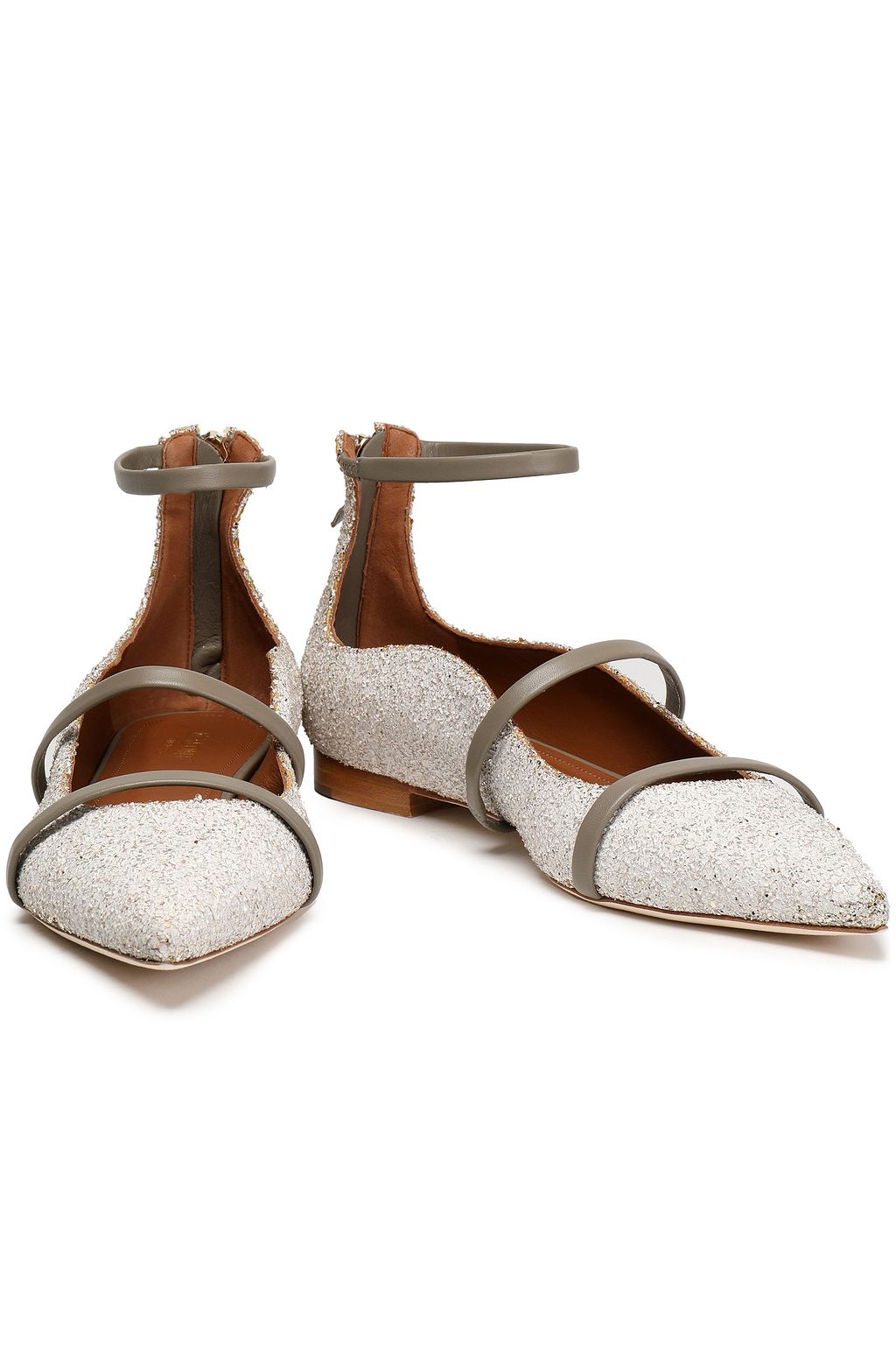 MALONE SOULIERS Smooth leather-trimmed glittered leather point-toe flats