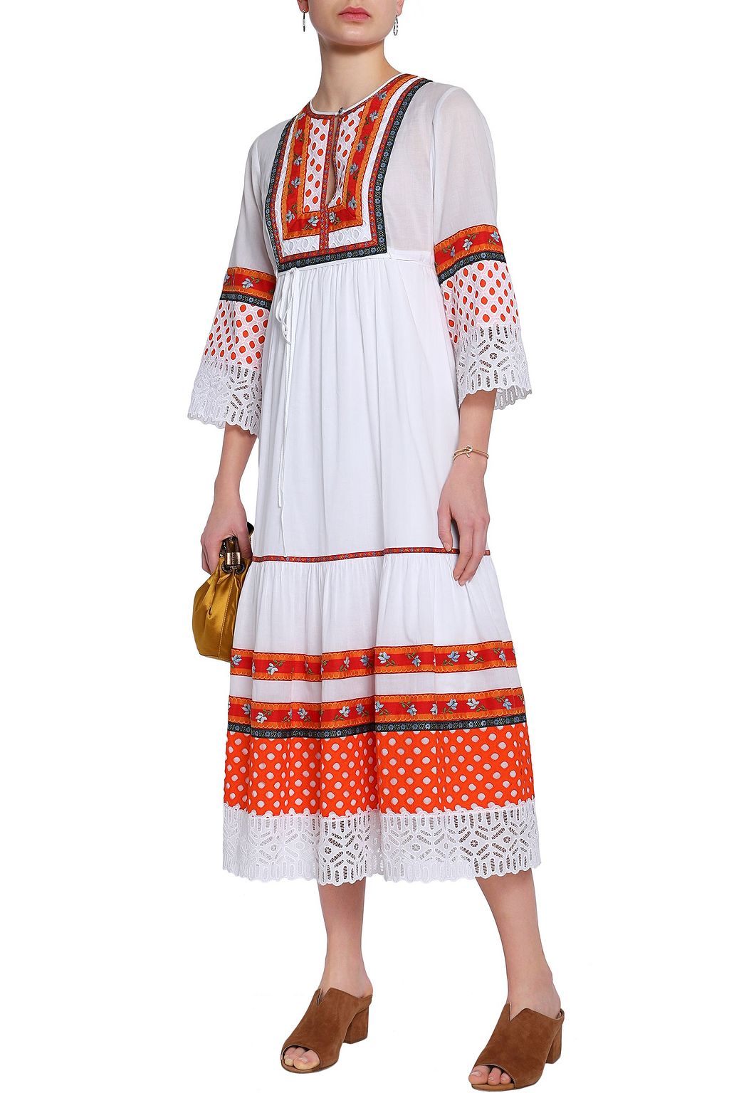 TORY BURCH Annalise lace-trimmed embroidered cotton-voile midi dress