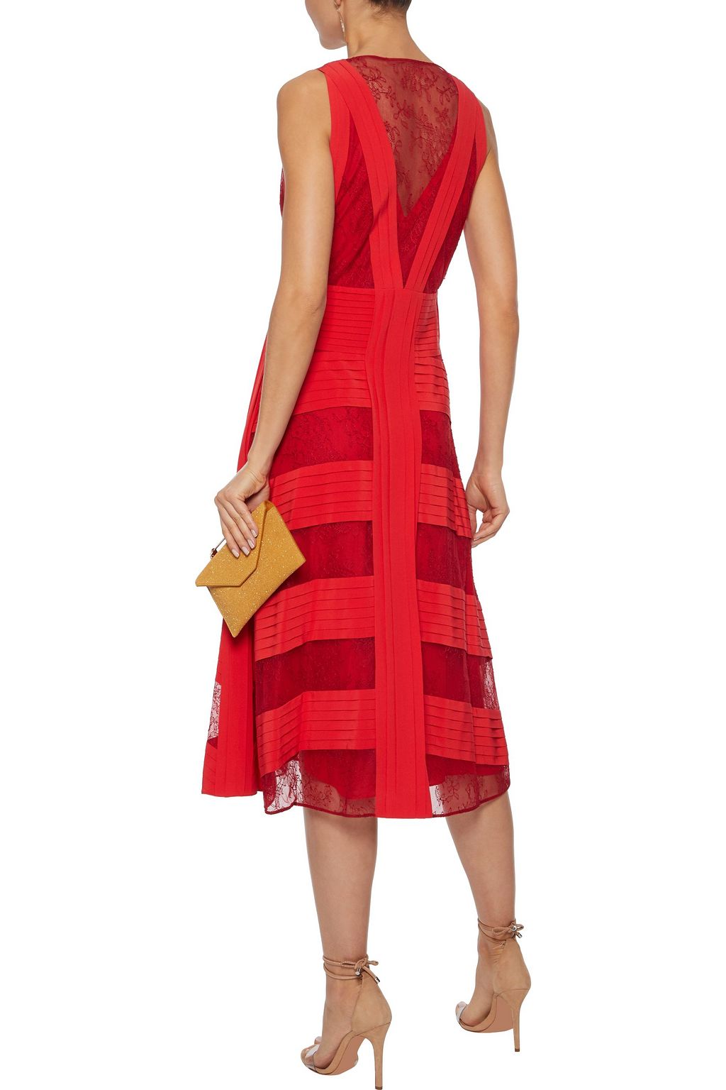 VALENTINO GARAVANI Pintucked washed-silk and Chantilly lace midi dress