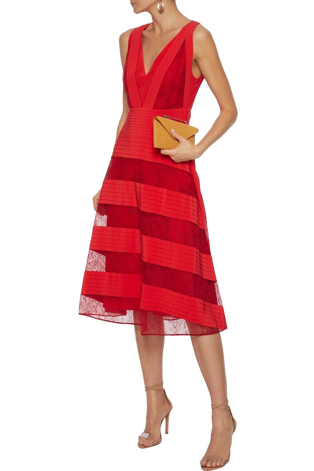 VALENTINO GARAVANI Pintucked washed-silk and Chantilly lace midi dress