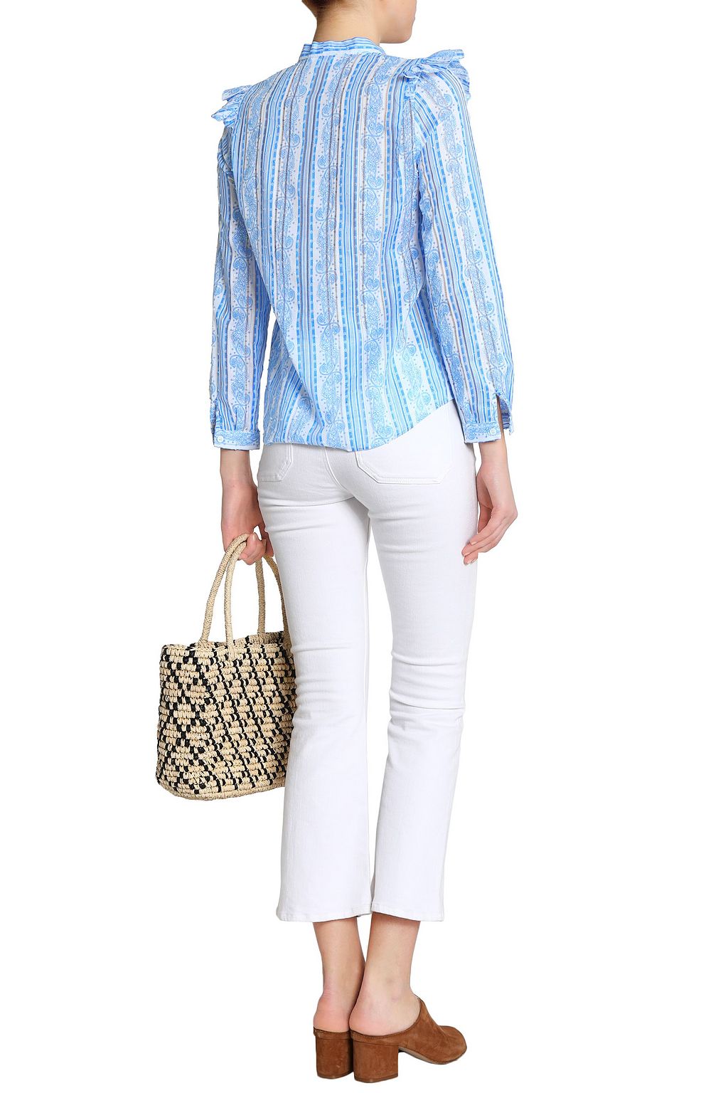 CLAUDIE PIERLOT Pussy-bow ruffle-trimmed printed Swiss-dot cotton blouse