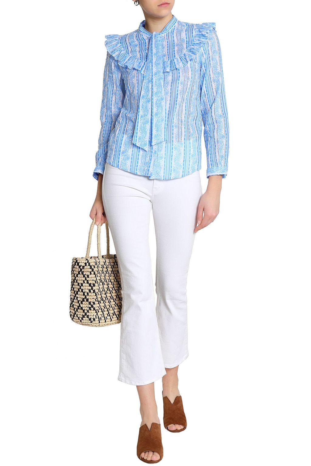 CLAUDIE PIERLOT Pussy-bow ruffle-trimmed printed Swiss-dot cotton blouse