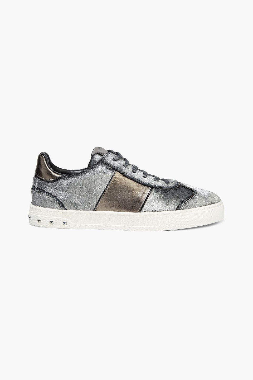 Valentino Garavani Woman Flycrew Rockstud Metallic Calf Hair Sneakers Gunmetal Size 37.5