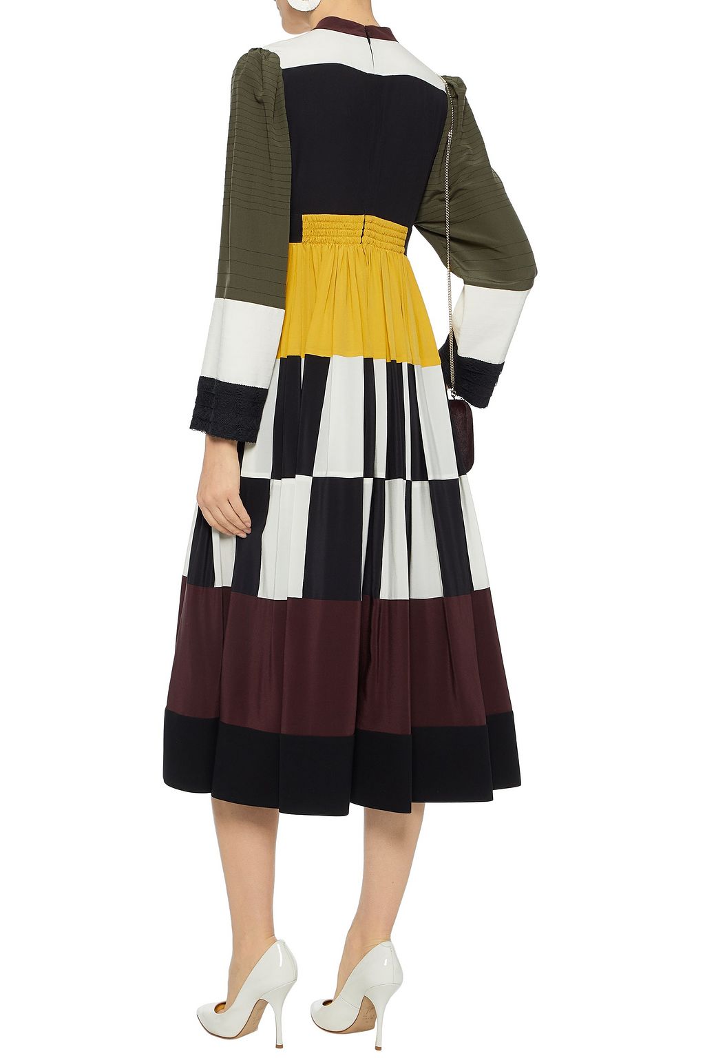 VALENTINO GARAVANI カラーブロック プリーツ入り シルククレープデシン ミディワンピース