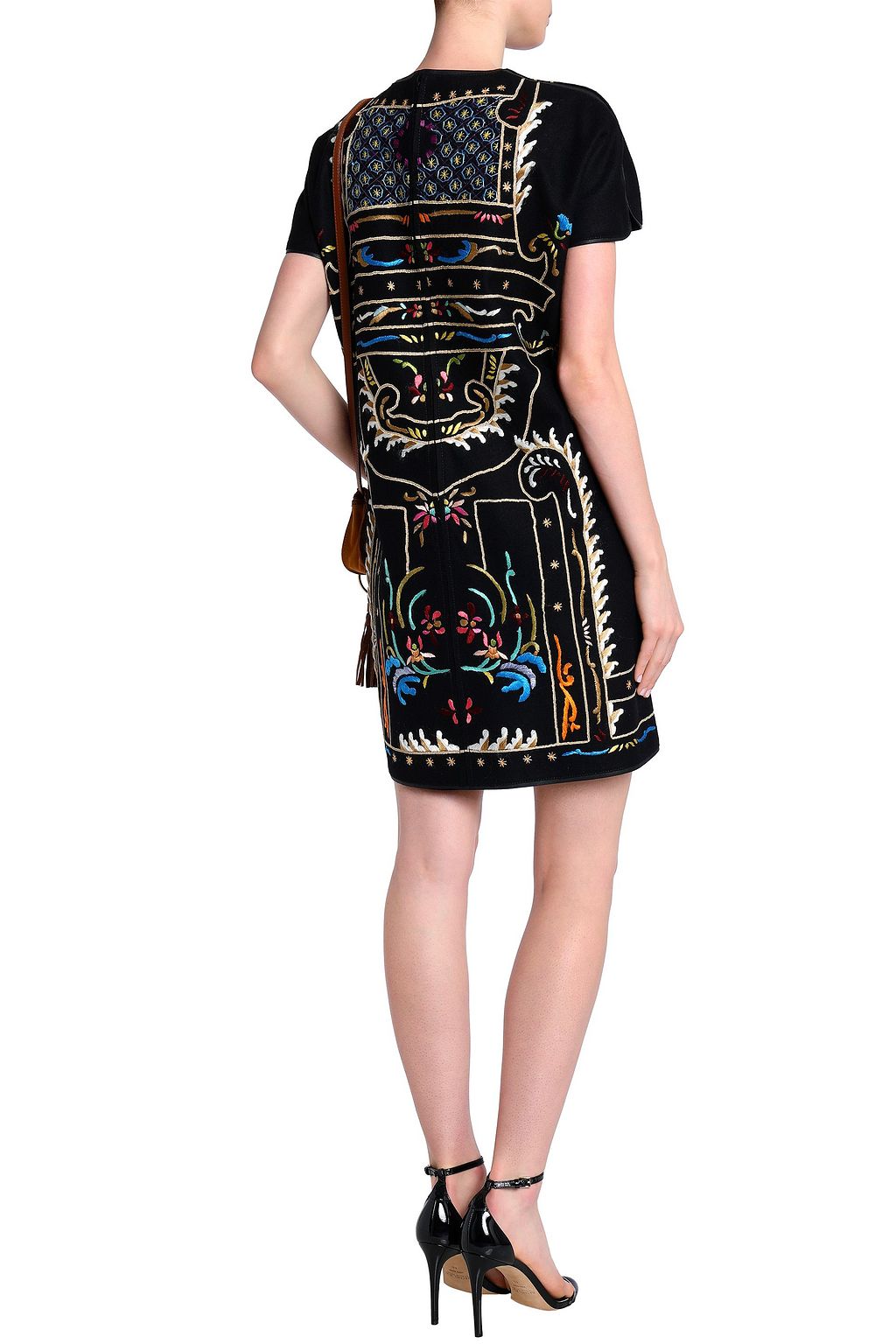 VALENTINO GARAVANI Leather-trimmed embroidered brushed-wool mini dress