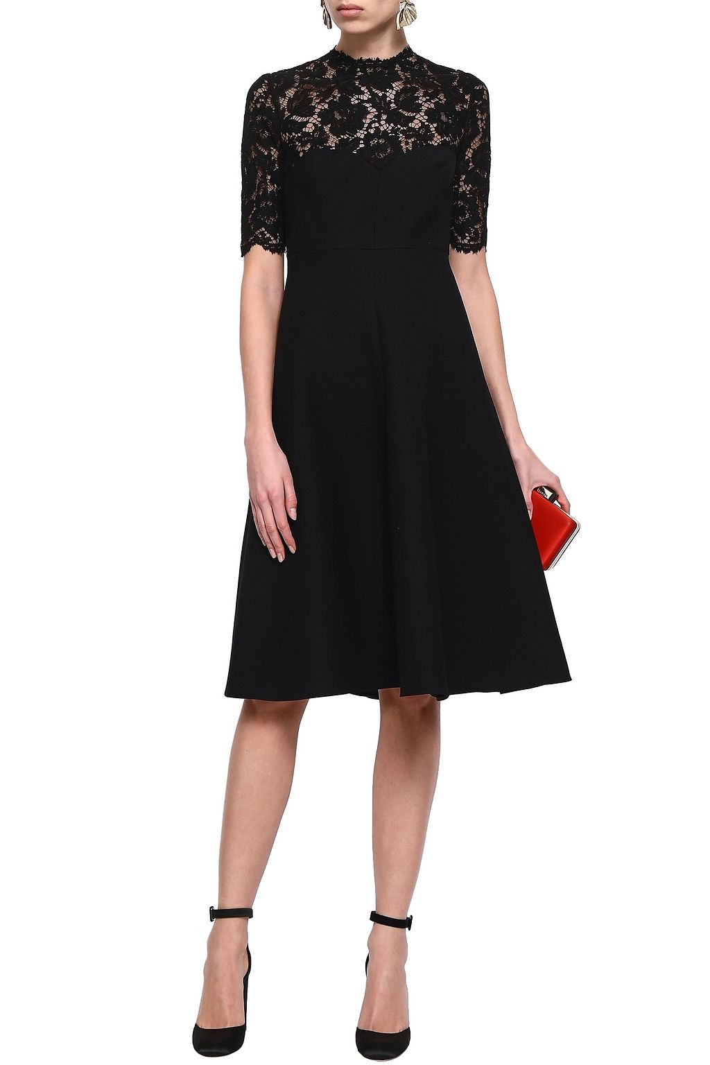 VALENTINO GARAVANI Lace-paneled wool and silk-blend crepe dress