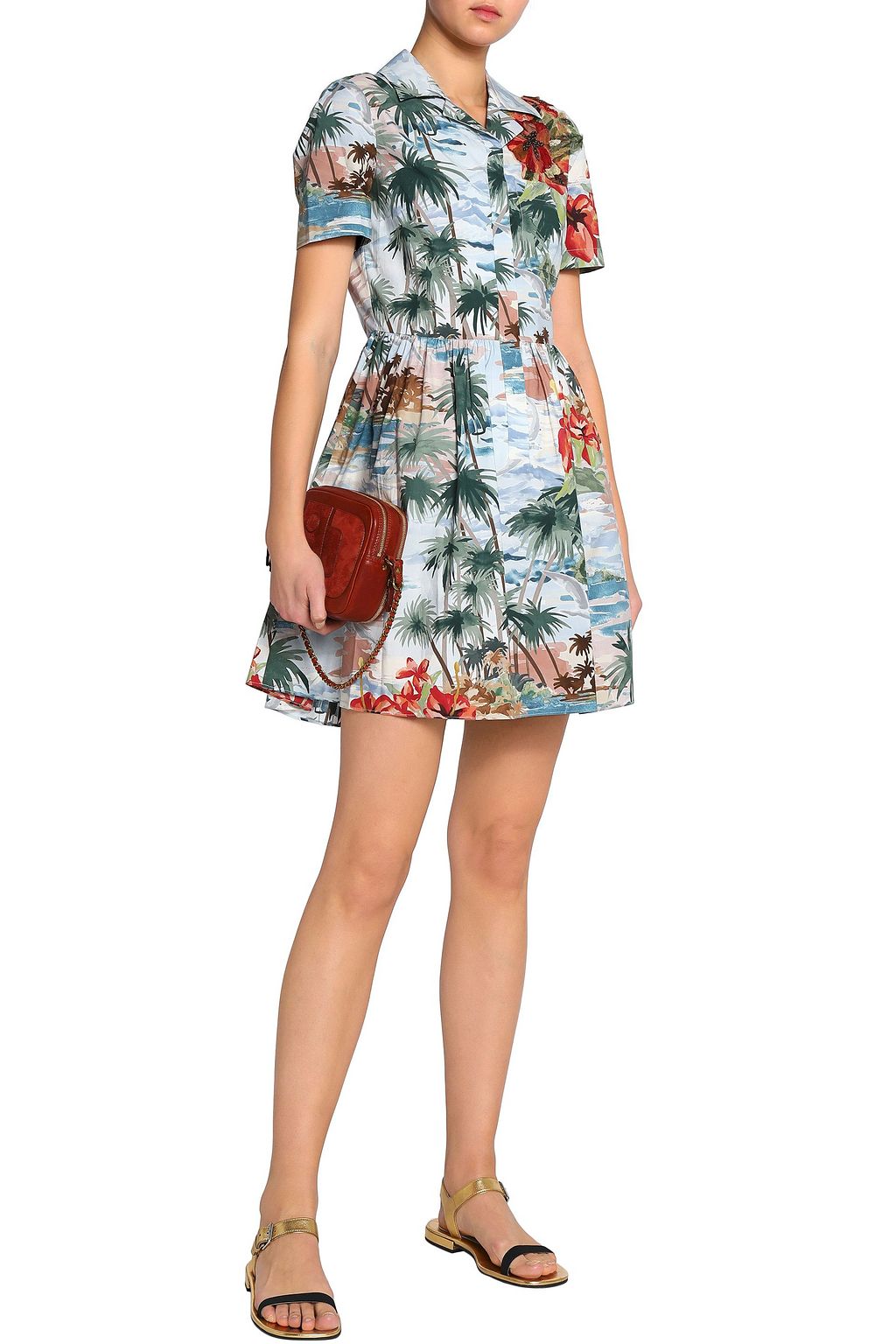 VALENTINO GARAVANI Embellished printed cotton-poplin mini shirt dress