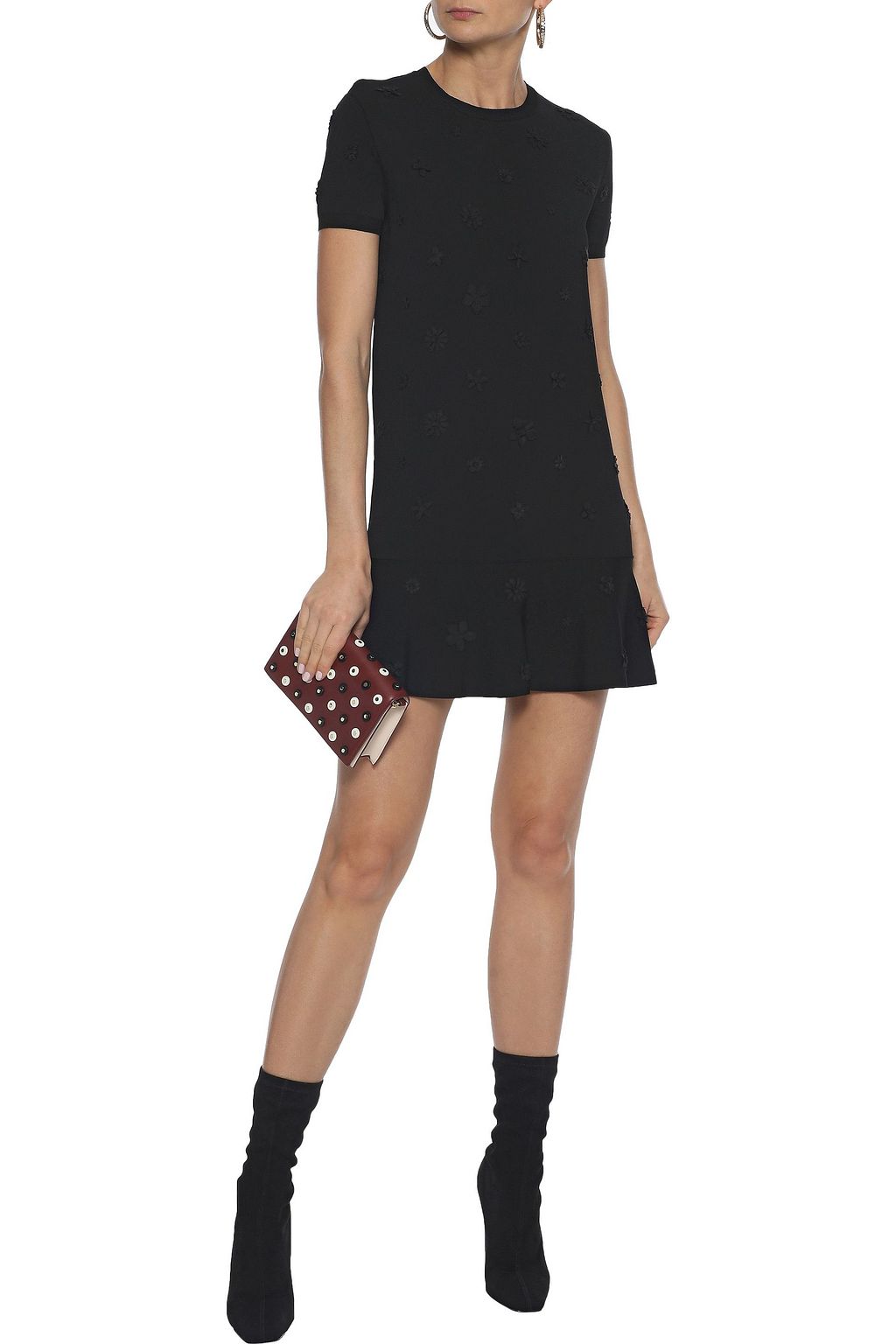 VALENTINO GARAVANI Fluted floral-appliquéd ponte mini dress