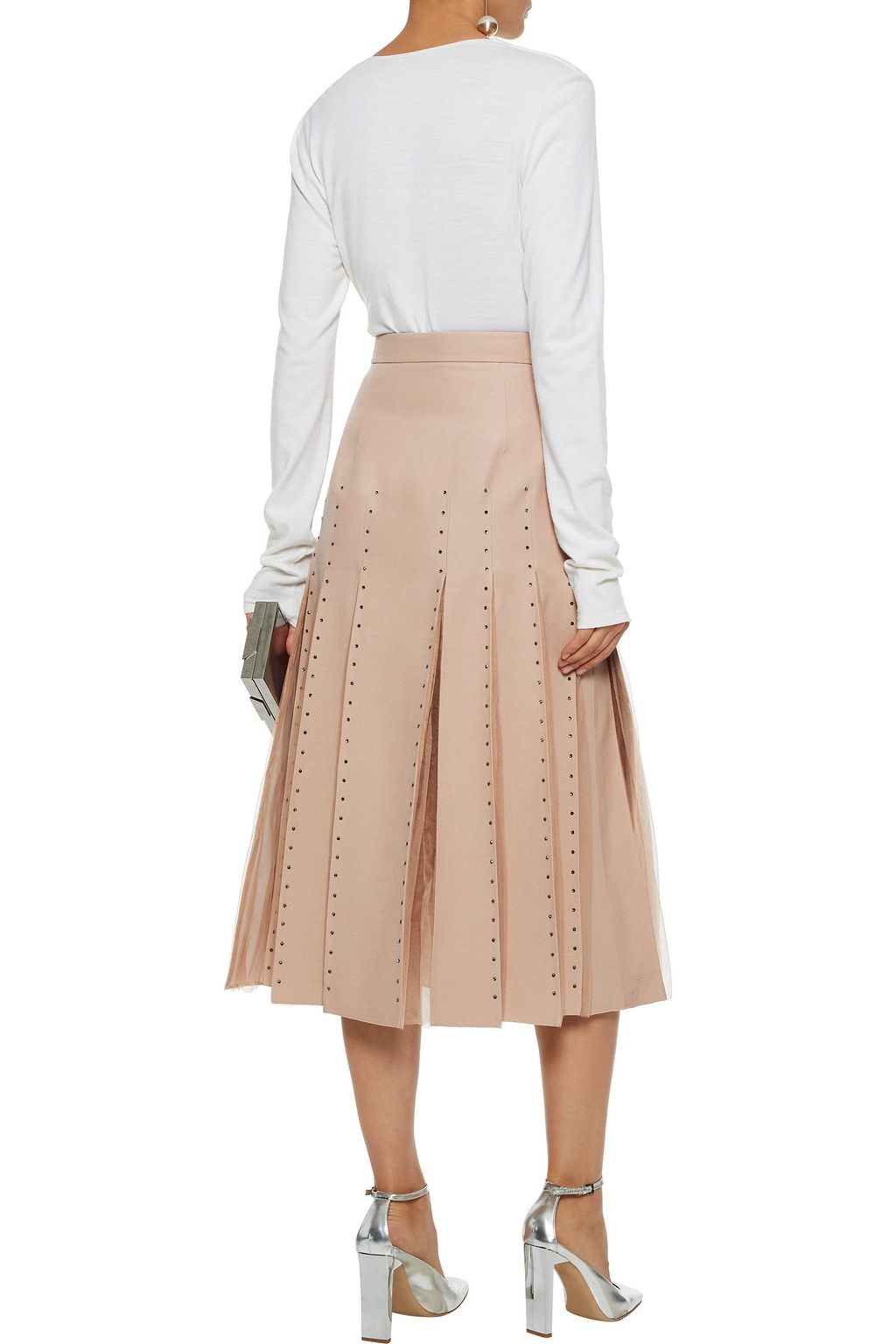 VALENTINO GARAVANI Tulle-paneled crystal-embellished wool and silk-blend midi skirt