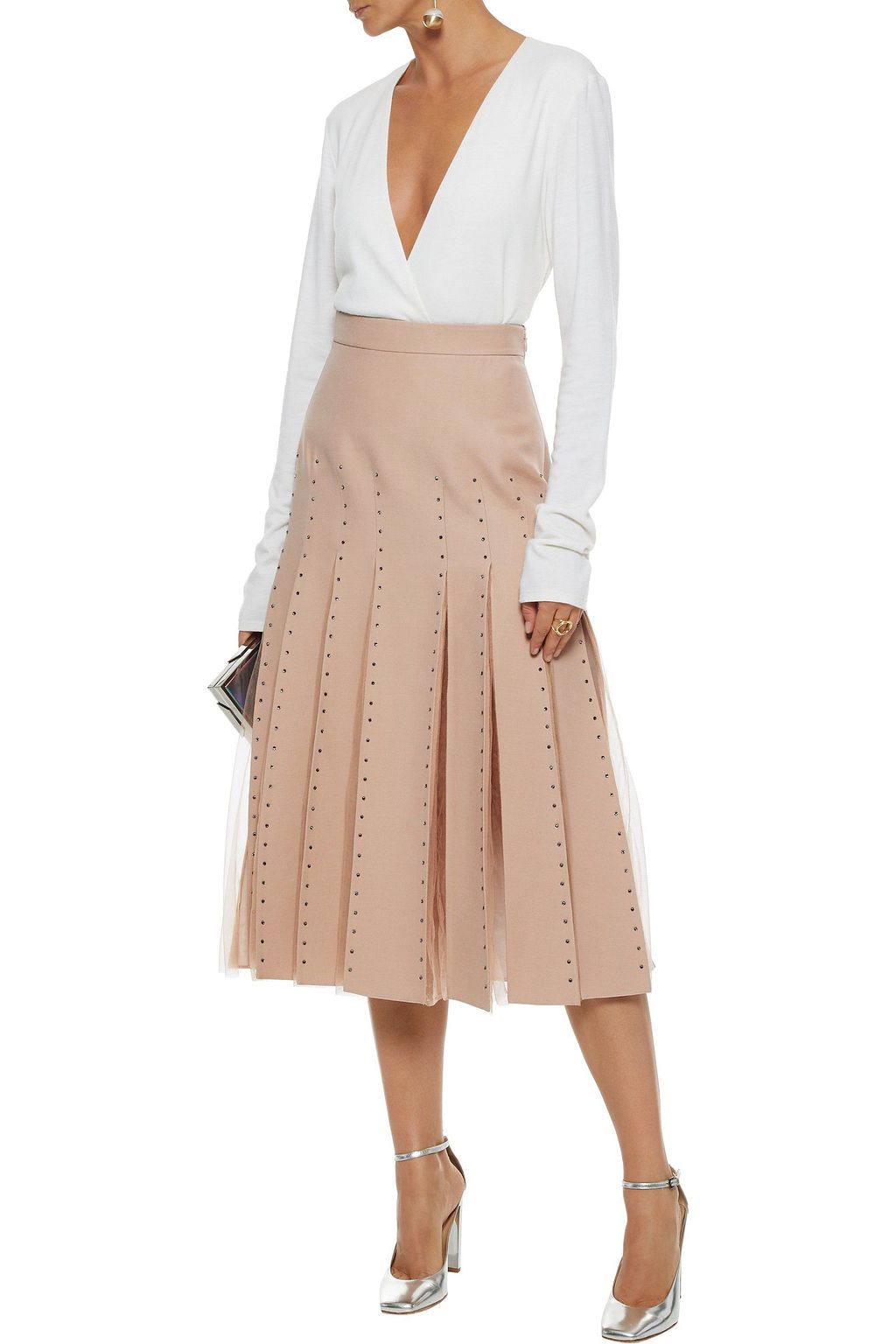 VALENTINO GARAVANI Tulle-paneled crystal-embellished wool and silk-blend midi skirt