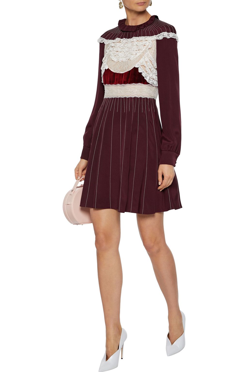 VALENTINO GARAVANI Velvet-trimmed Chantilly lace-paneled silk-jersey mini dress