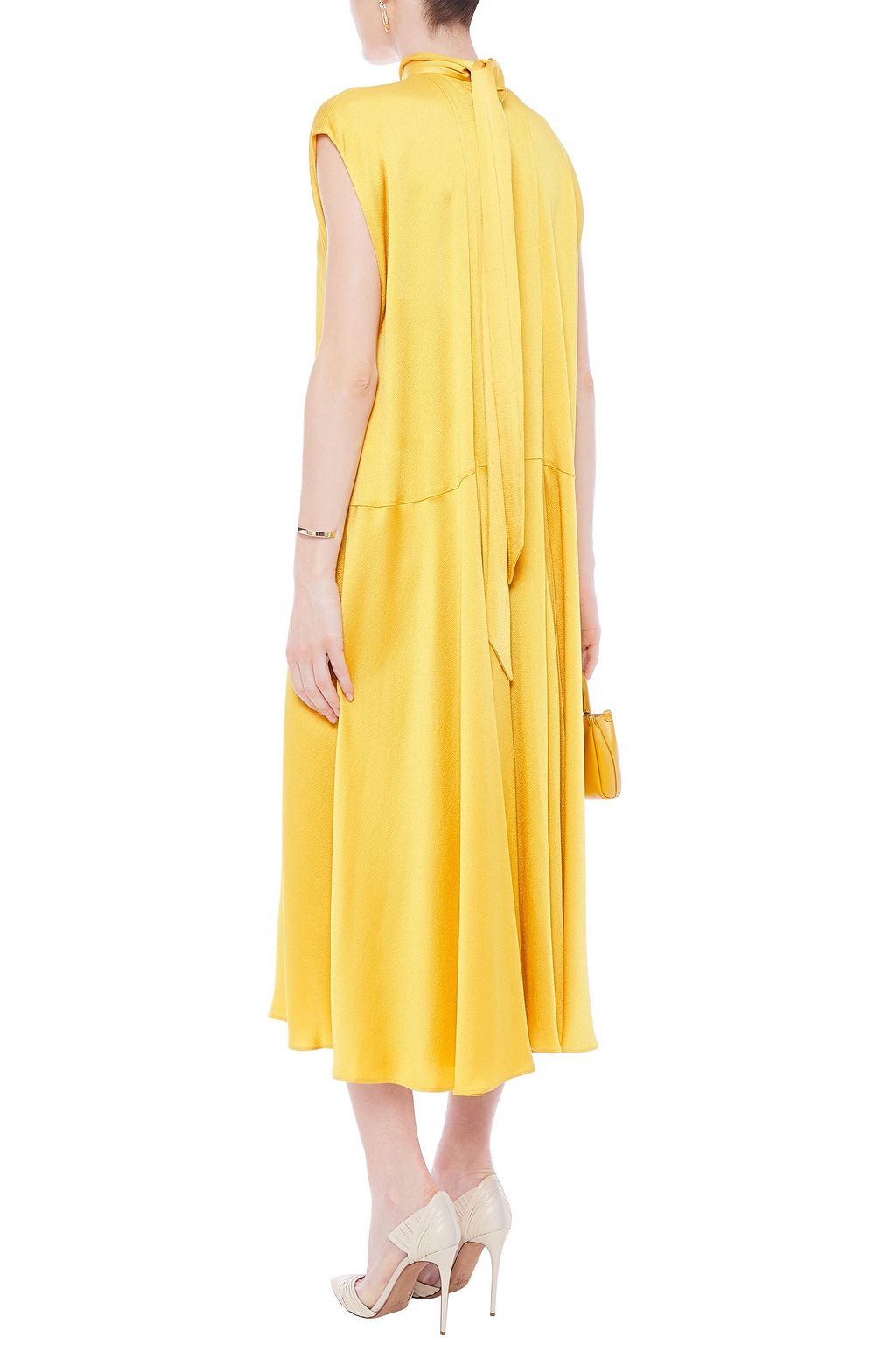 VALENTINO GARAVANI Tie-neck pleated hammered-satin midi dress