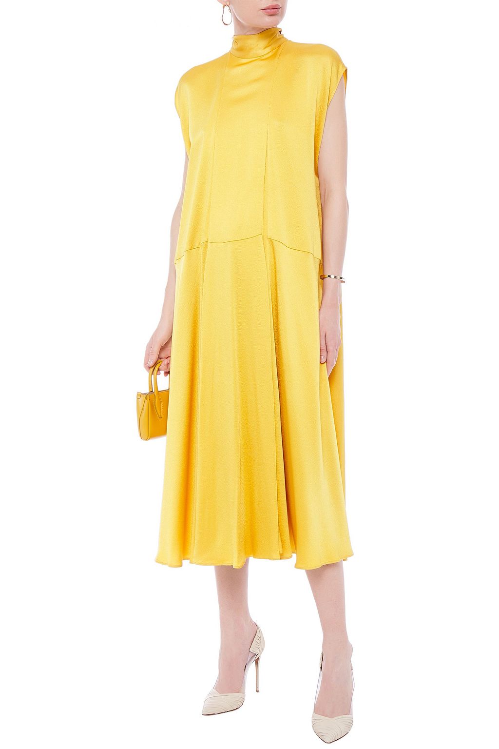 VALENTINO GARAVANI Tie-neck pleated hammered-satin midi dress