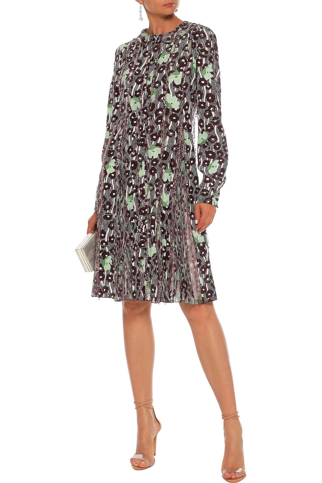 VALENTINO GARAVANI Embellished chiffon-paneled printed silk crepe de chine dress