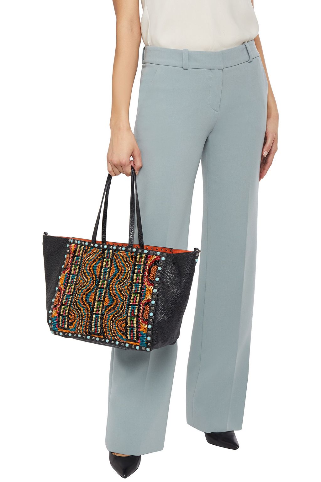 VALENTINO GARAVANI Rolling Rockstud bead-embellished pebbled-leather tote