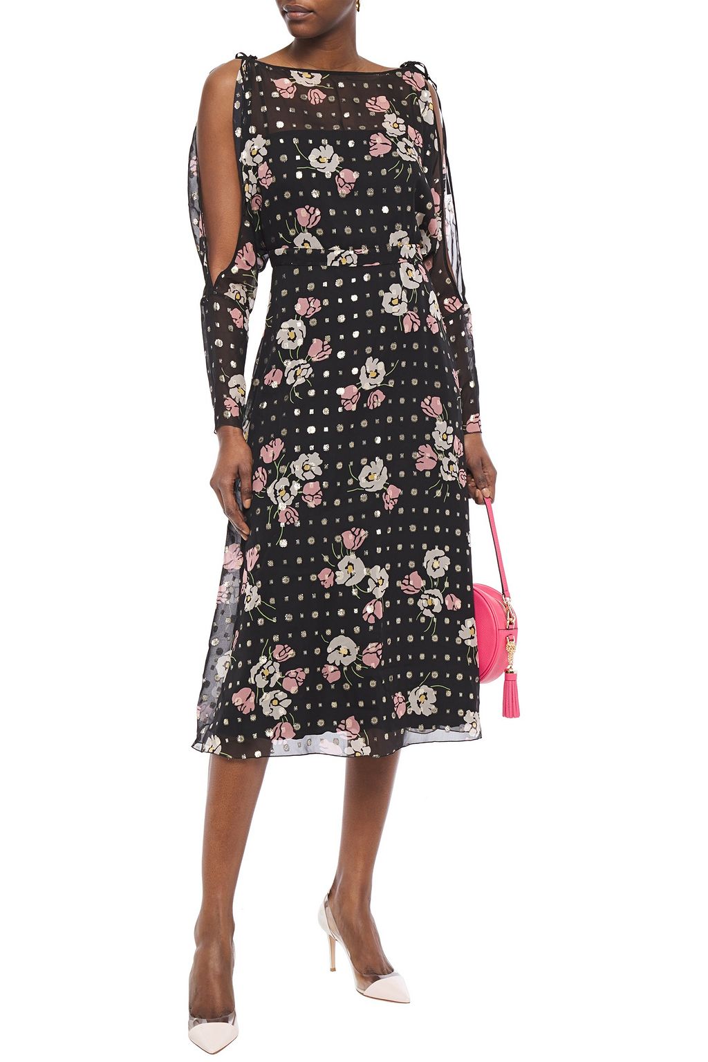 REDVALENTINO Cold-shoulder floral-print fil coupé-chiffon midi dress