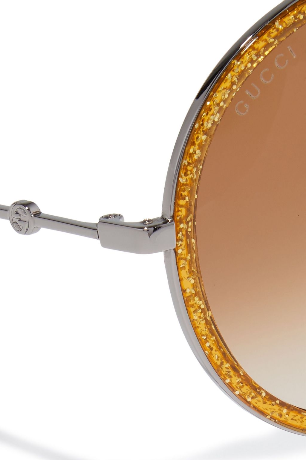 GUCCI Round-frame gunmetal-tone and glittered acetate sunglasses