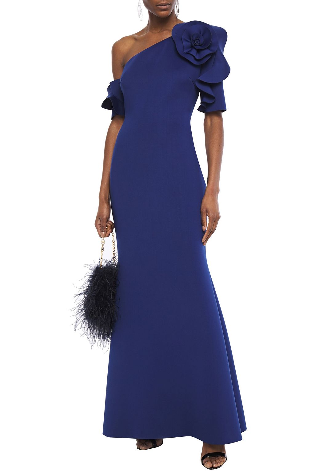 BADGLEY MISCHKA Fluted floral-appliquéd stretch-ponte gown
