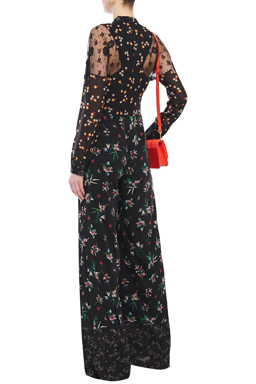 REDVALENTINO Lace-paneled floral-print stretch-silk jumpsuit
