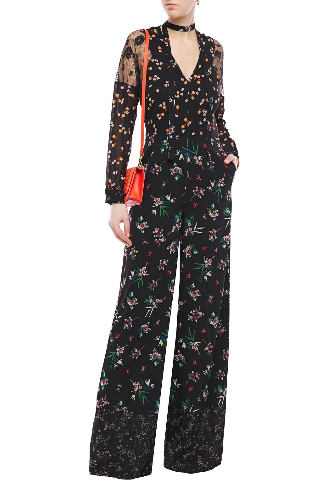 REDVALENTINO Lace-paneled floral-print stretch-silk jumpsuit