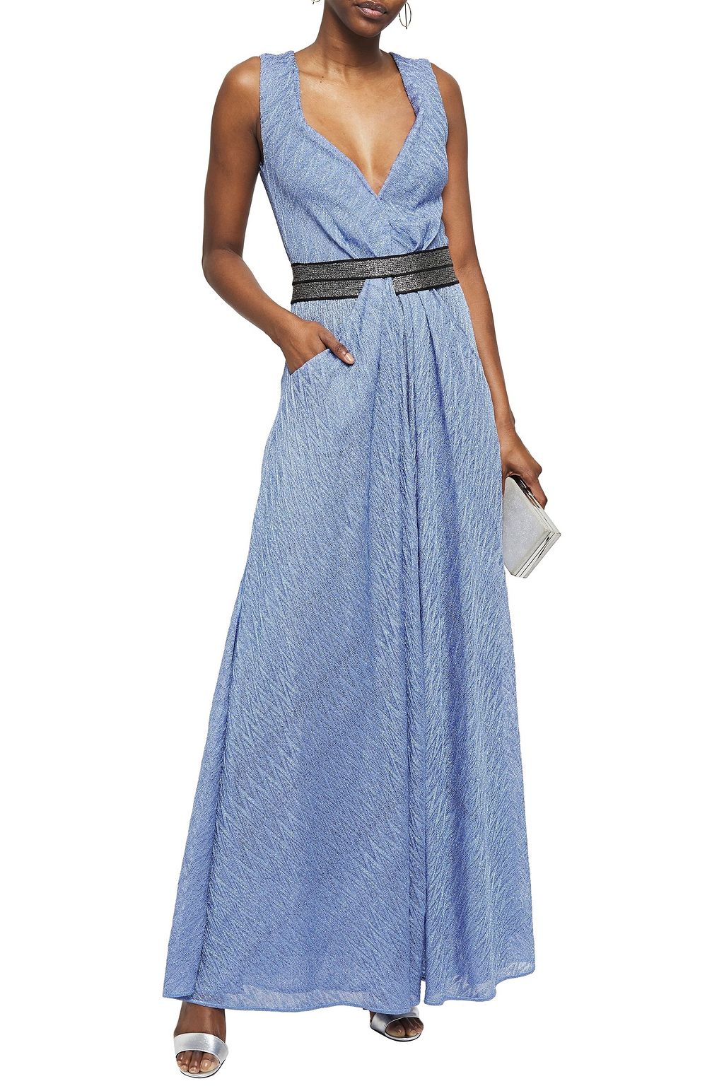 MISSONI Wrap-effect metallic crochet-knit maxi dress
