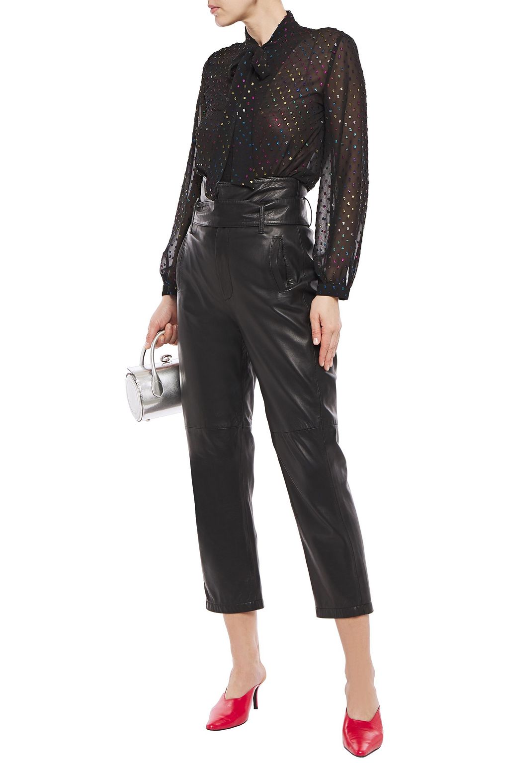 LOVE MOSCHINO Pussy-bow metallic fil coupé georgette blouse