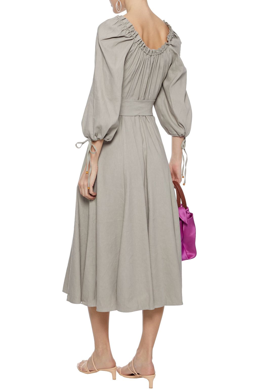 SIMKHAI Belted ruffle-trimmed linen-blend midi dress