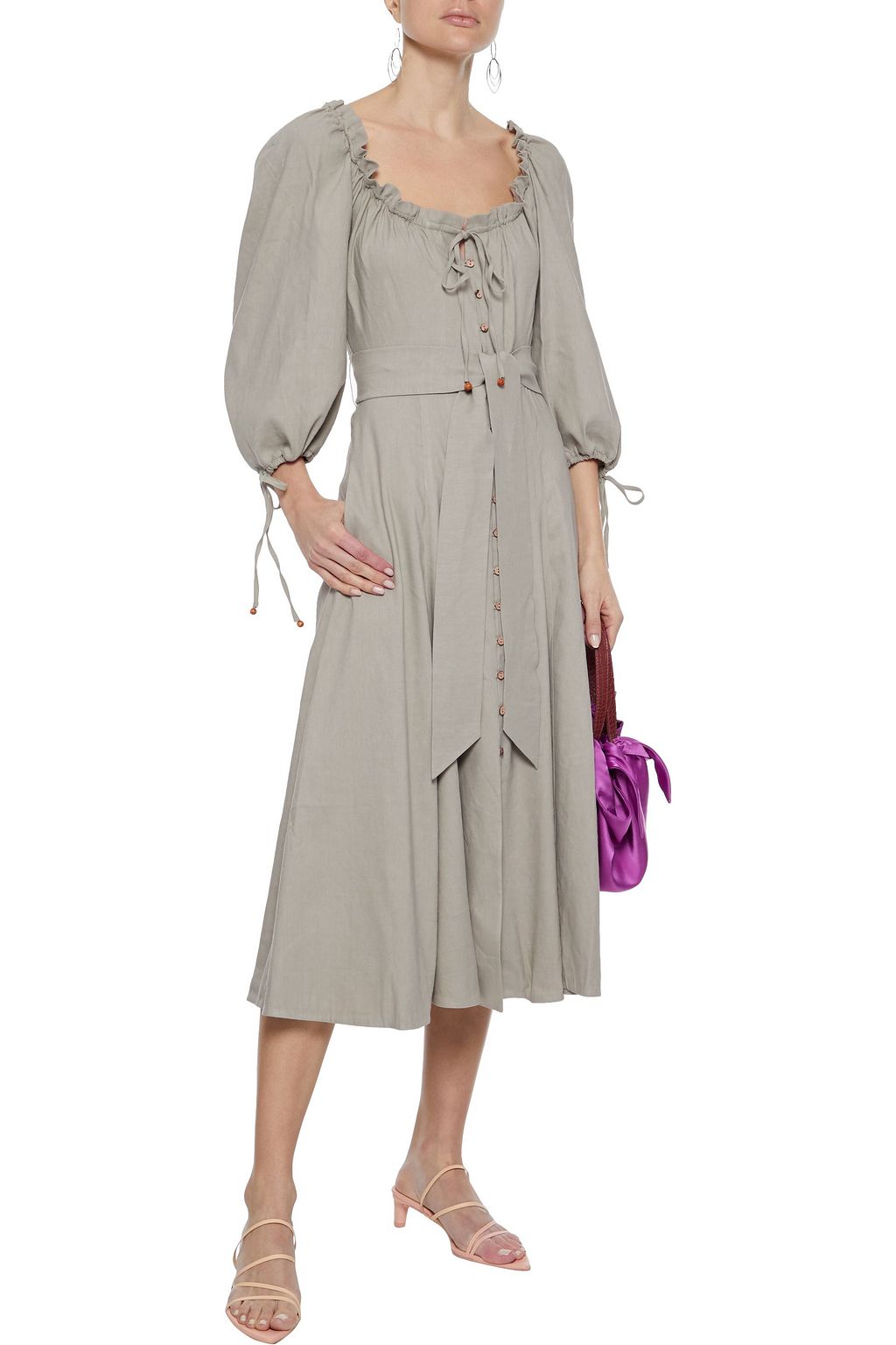 SIMKHAI Belted ruffle-trimmed linen-blend midi dress