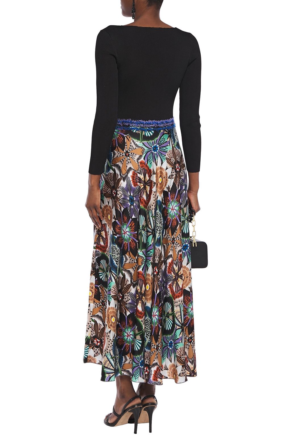MISSONI Ribbed knit-paneled floral-print satin midi dress