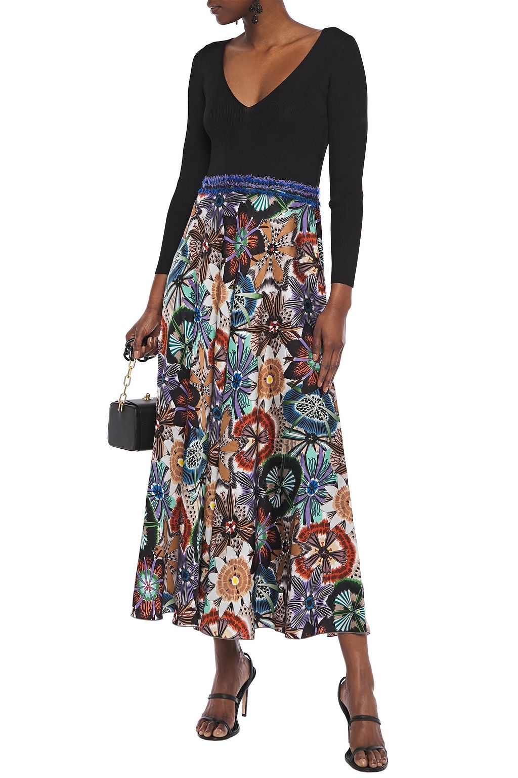 MISSONI Ribbed knit-paneled floral-print satin midi dress