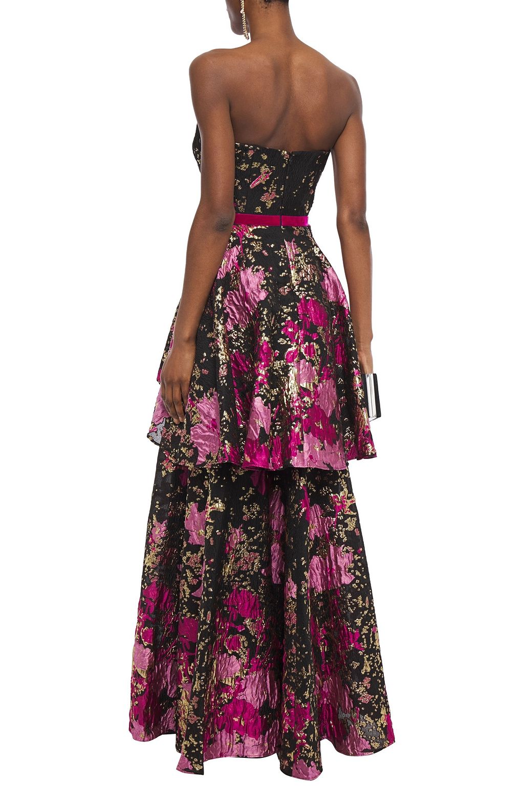 MARCHESA NOTTE Strapless velvet-trimmed fil coupé cloqué peplum gown