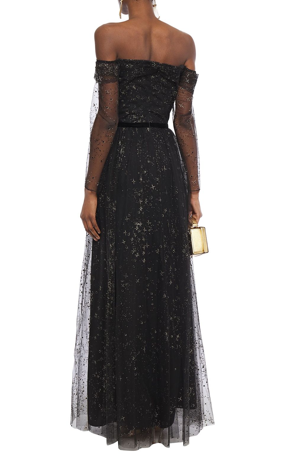MARCHESA NOTTE Off-the-shoulder pleated flocked glittered tulle gown
