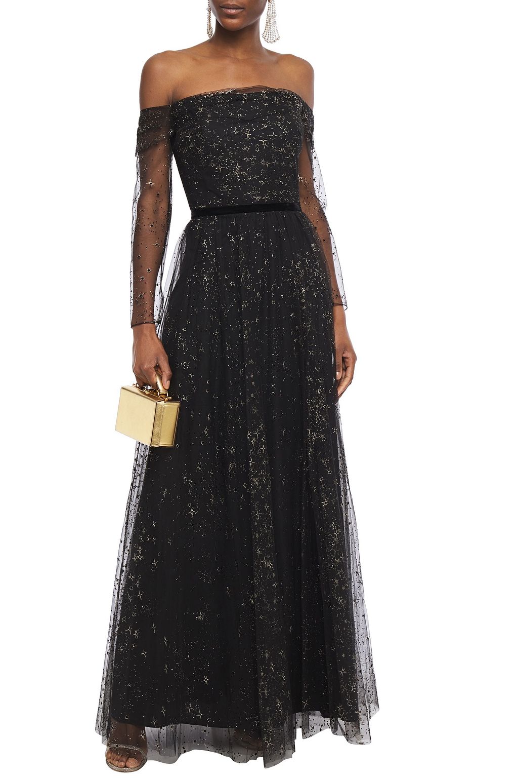 MARCHESA NOTTE Off-the-shoulder pleated flocked glittered tulle gown