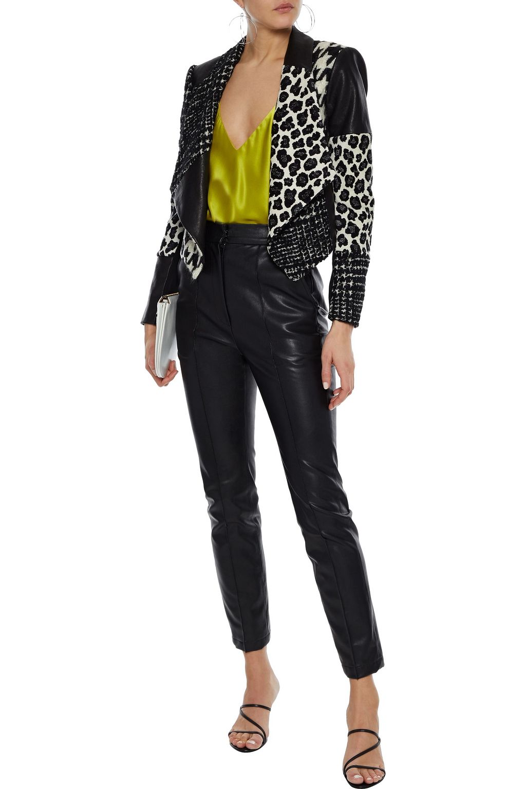 ALICE + OLIVIA Harvey wool-blend jacquard, tweed, jersey and leather jacket