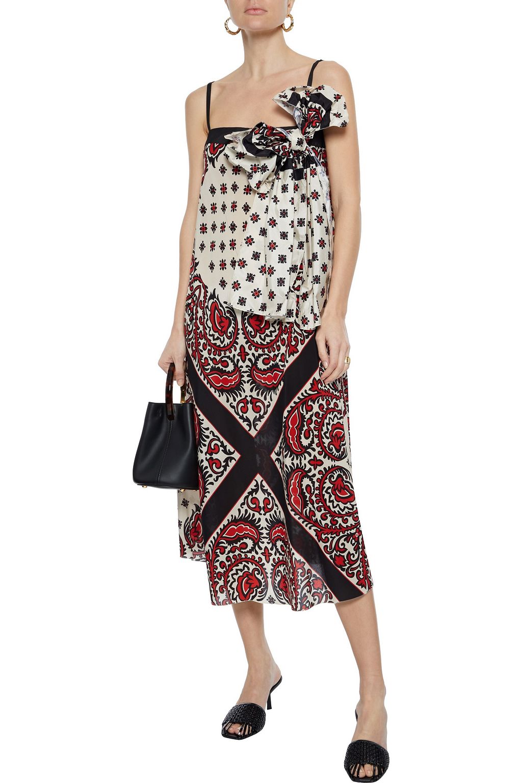 REDVALENTINO Bow-embellished printed silk crepe de chine midi dress