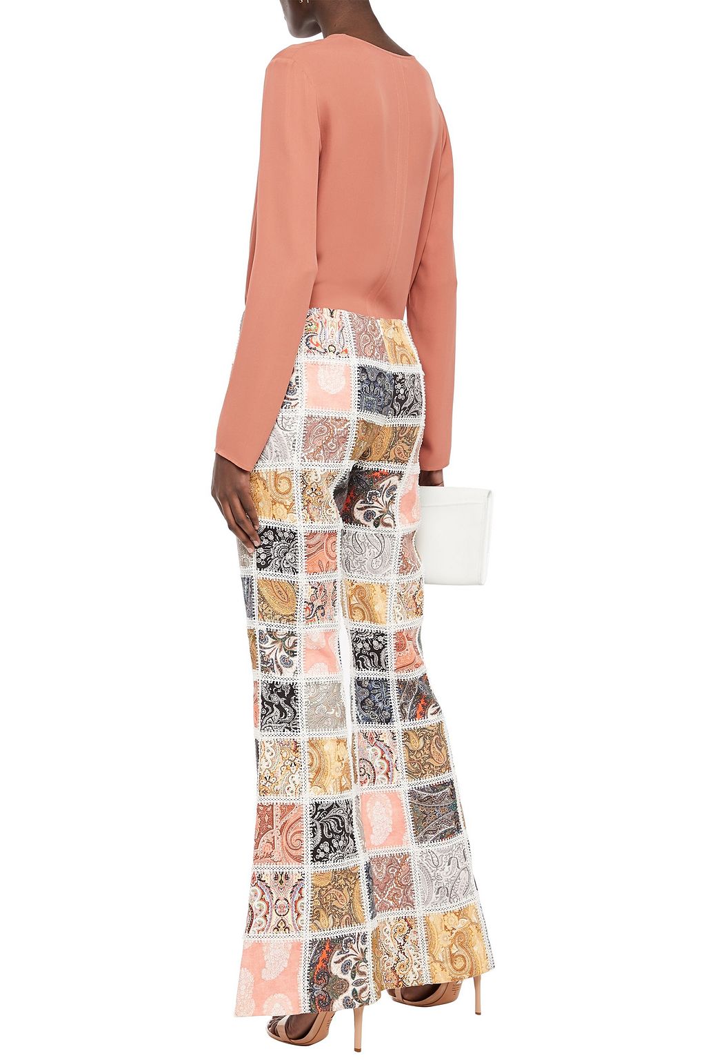 ZIMMERMANN Patchwork-effect lace-trimmed printed linen flared pants