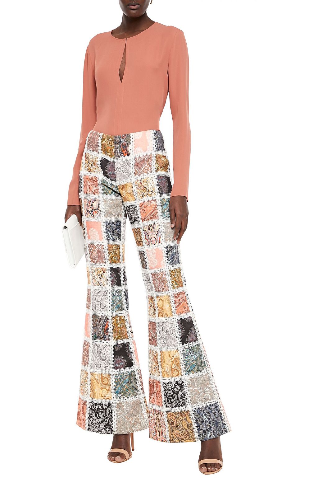 ZIMMERMANN Patchwork-effect lace-trimmed printed linen flared pants