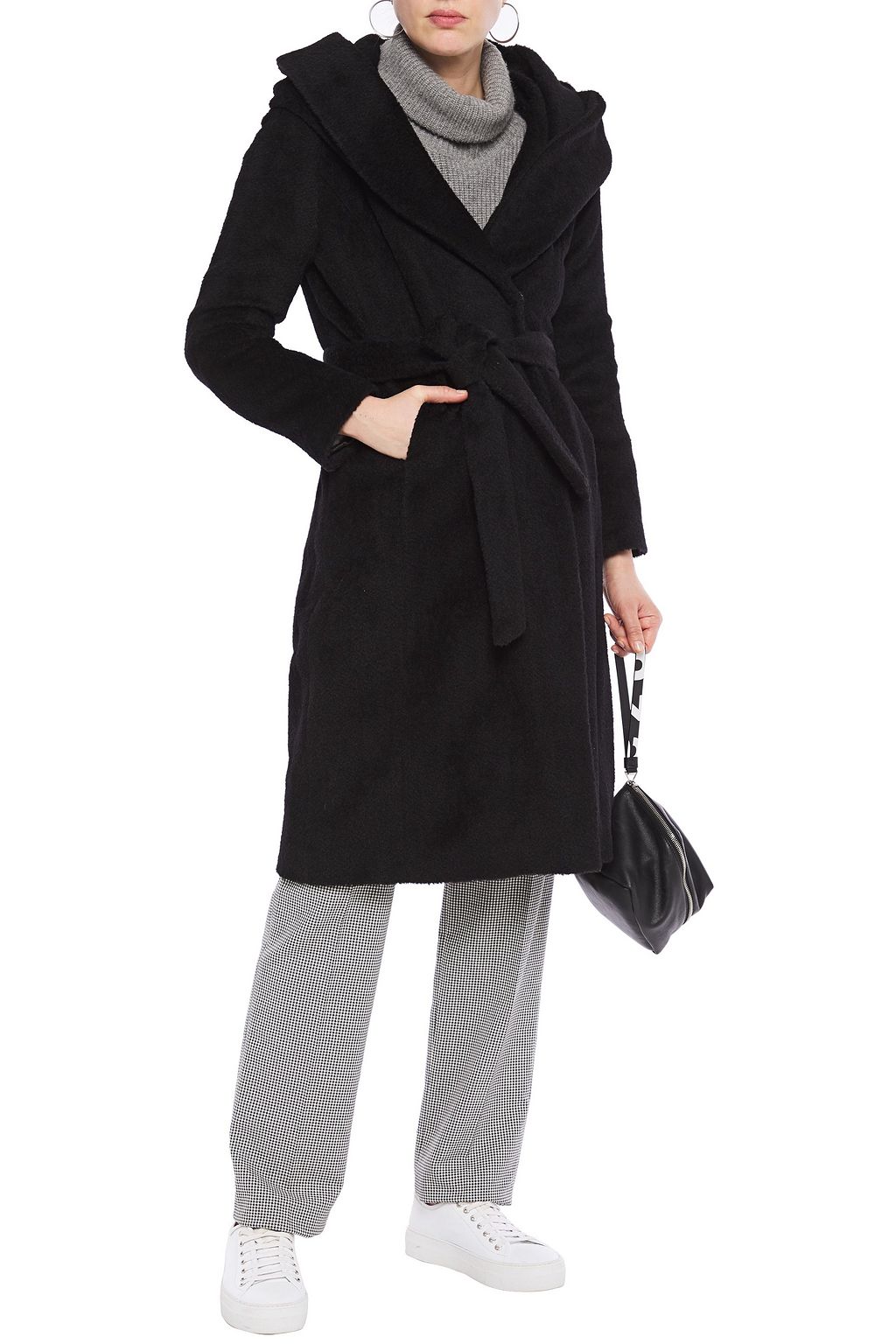 DKNY Belted brushed wool-blend hooded coat
