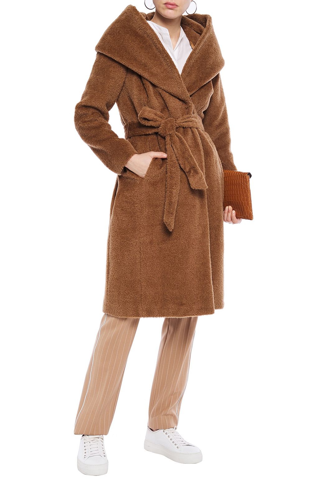 DKNY Belted brushed wool-blend hooded coat