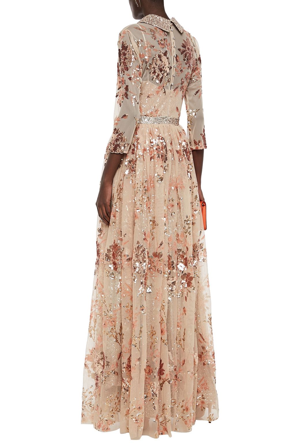 BADGLEY MISCHKA Layered sequin-embellished embroidered metallic gown