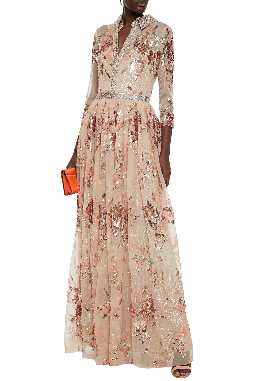 BADGLEY MISCHKA Layered sequin-embellished embroidered metallic gown